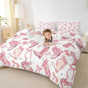 Manfei Cowgirl Comforter Set,Pink Bowknot Coquette Bedding Set for Kids Boys Girls Bedroom Bed Decor,Cowboy Boots Horseshoe Wild West Quilt Set,Princess Starry Duvet Insert with 2 Pillowcases,Queen