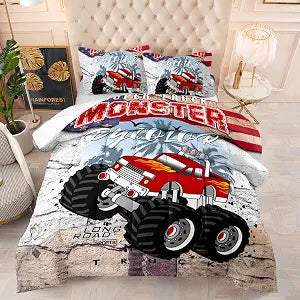 DYcolor 3D Red Super Monster Truck Long Road 3pc Comforter Set Kids Boys