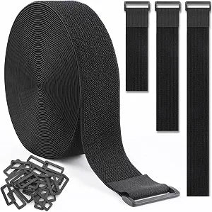 1.5In x 20Ft Cinch Straps Nylon Heavy Duty with 25 Buckles, Cut to Length, Black Hook and Loop Straps, Reusable Long Cable Ties for Storage and Cord Organizer