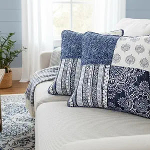 DaDa Bedding Blue Patchwork Pillow Covers 18x18, Cotton Fabric, Set of 2