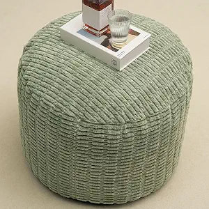 Round Stuffed Pouf Ottoman for Foot Rest 20" X 15" Faux Fur Poufs, Green