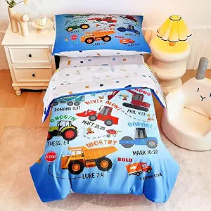 4 Piece Toddler Bedding Set for Boys,Cars Construction Toddler Bed Comforter Set Includes Comforter,Flat Sheet,Fitted Sheet and Pillowcase,Christan Trucks Tractors Bed in A Bag for Kids Bedroom