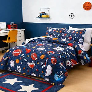 Meeting Story 3Pcs Bed in A Bag Twin Sports Microfiber Modern Comforter Set,Navy Rugby Ball Printed Bedding Collections,for Boys Kids Teen(Navy,Twin)