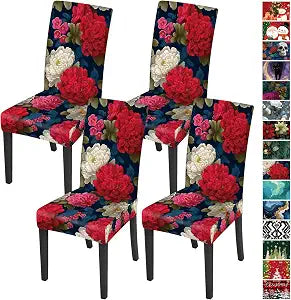 Peony Floral Chair Covers for Dining Room Set of 4 Red and White Bloom Pattern Stretch Slipcovers Washable Elegant Flower Chair Protector for Home Decor