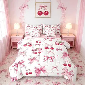 Manfei 7 Pieces Bowknot Comforter Set Queen Size, Cute Bow Cherry Bedding Set, Fuchsia Bow Ties Bed in a Bag with Comforter,Fitted Sheet,Flat Sheet and Pillowcases, Kids Girls Princess Room Decor