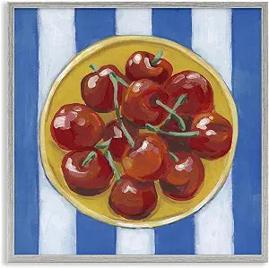 Cherry Bowl Striped Still Life, 17 x 17 Inch Framed Gicle Print