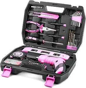 URASISTO 123 Piece Pink Household Tool Set with 3.6V USB Electric Screwdriver, Home Tool Kit with Cordless Lithium-ion Drill Driver, HandTool Kits for Women