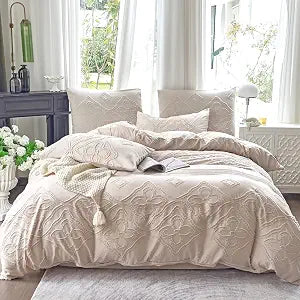 Boho Duvet Cover Queen Size 3 Pcs Set Beige Tufted Floral