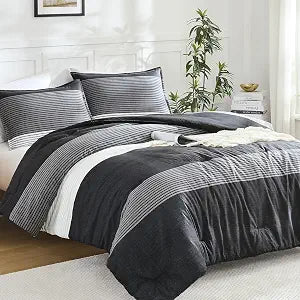 Litanika Full Comforter Set Black - 3 Pieces Stripe Bedding Comforter Sets