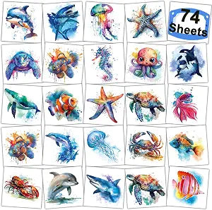CHARLENT Watercolor Ocean Animals Temporary Tattoos for Kids Party Supplies