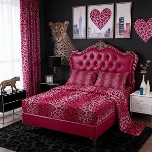 Pink Leopard Print Bedding Set Full Wild Animal Skin Sheet Set Romantic Africa Cheetah Fur Deep Pocket Fitted Sheet 4Pcs for Kids Girls Women Bedroom Decor Fashion Romantic Top Sheet,2 Pillowcases