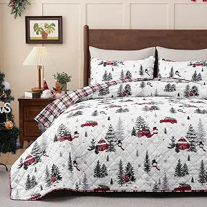 Invoibler 3 Piece Christmas Quilt Set Elegant Queen Size Bedspread Coverlet Lightweight Bedding Set with Snowman Christmas Tree Quilts Reversible Comforter Set (1 Quilt, 2 Pillow Shams)