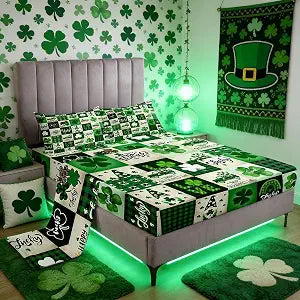 Manfei Happy St. Patrick's Day Kids Sheet Full Size,Cartoon Gnomes Leaves Irish Bedding Set,Girls Boys Room Decor,Geometric Plaids Grids Green Retro Bed Sheet Set 4pcs(Fitted + Flat + 2 Pillowcases)