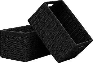 UBBCARE 2 Pack Wicker Basket, 13.4L8.3H7.1W inch Woven Paper Rope Storage Baskets for Shelves, Foldable Rectangular Storage Baskets with Handle, Storage Basket for Organizing, Black