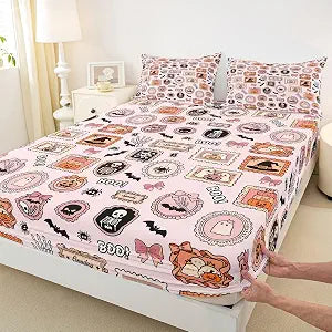 Manfei Cute Halloween Fitted Sheet Set Sweet Spooky Bedding Set 3pcs Ghost Pumpkin Bed Sheet with 2 Pillowcases Kids Boys Girls Room Decor Soft Deep Pocket Bedding(No Flat) Full Pink Orange