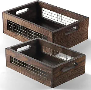 Set of 2 Wooden Countertop Baskets with Sturdy Wire Mesh & Handles