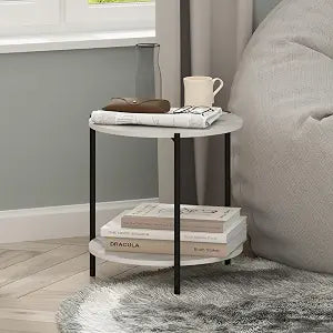 Furinno Besi 2-Tier Wide Round Side Table with Metal Legs, Metal Frame, White End Table, Night Stand, Bedside Table with Open Shelf, for Living Room, Bedroom, Light Marble
