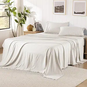 ROSE&RISY Light Beige Queen Sheet Set, Pre-Washed Cotton-Like Brushed Microfiber, 4 Pcs Super Soft Breathable Cooling Bed Sets,Includes 1 Fitted, 1 Flat, 2 Pillowcases (Light Beige, Queen)