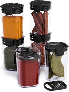 ProKeeper Progressive Seasoning & Spice Storage Container Set, 6 Airtight 5-Oz Keepers with Removable Shaker and Leveler Inserts, Stackable, BPA-Free, Dishwasher Safe, Black