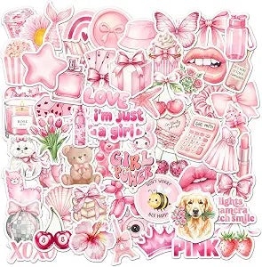 60PCS Coquette Pink Stickers Pack - Waterproof Aesthetic Cute Vinyl Stickers for Water Bottle Laptop Phone - Preppy Girly Decal Stickers for Teens Girls Kids Gift
