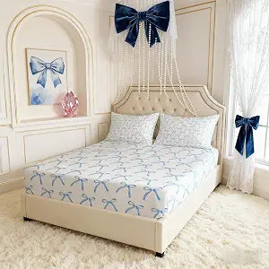 Manfei Cartoon Bowknot Kids Fitted Sheet Full Size,Bow Tie Knot Geometric Patchwork Fashion Bedding Set,Girls Women Room Decor,Hand-Painted Sketch Blue Noble Bed Sheet,2 Pillowcases(No Flat)