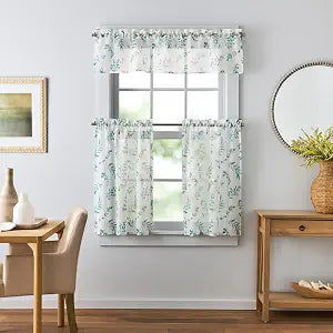 Martha Stewart Botanical Kitchen Curtains - 36 Inch Sheer Cafe Tier Curtains with Valance Set - 3 Piece, White Green, Maddison