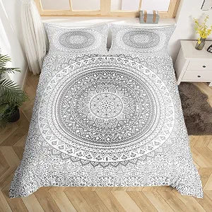 Silver Mandala Bedding Set Twin Size for Kids Boys Bedroom,Hippie Mandala Bed Duvet Cover Set,Psychedelic Comforter Cover Art Bohemian Decor 2 Pieces 1 Duvet Cover with 1 Pillowcase No Comforter