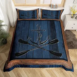 Lake Life Duvet Cover Twin Size,Nautical Anchor Paddle Print Comforter Cover Set for Kids Boys Girls,Navy Blue Wooden Board Rustic Plaid Bedding Quilt Cover Set Bedroom Decor, 2 Pieces