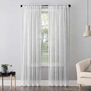 No. 918 Tamaryn Embroidered Trellis Sheer Rod Pocket Curtain Panel, 50" x 84", White