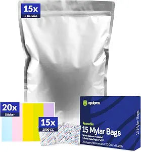 15-Pack 14 Mil Mylar Bags with Oxygen Absorbers, Gusseted 5 Gallon with 2500cc OA - Resealable Mylar Bags for Food Storage with Colourful labels