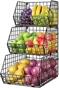 3-Tier Stackable Wire Baskets, Fruit and Vegetable Storage for Counter