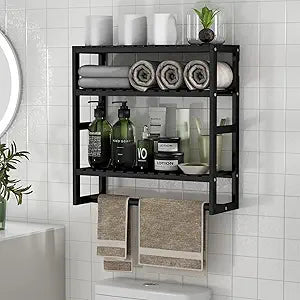 PPN 100% Bamboo Towel Rack Bathroom Storage Shelves Over Toilet Towel Bar