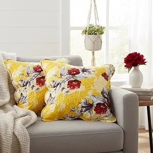 DaDa Bedding Set of 2-Pieces Sunshine Birds Yellow Floral Throw Pillow Covers - Radiant Farmhouse Hummingbirds Botanical Garden - Quilted Scalloped Multi-Colorful Red Flowers - 18" x 18" - 2-Pack