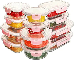 12 Pack Glass Meal Prep Containers with Airtight Pink Lids