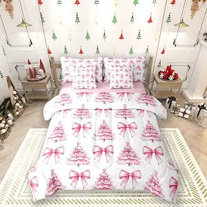 Manfei 7 Pieces Pink Bowknot Kids Comforter Full,Christmas Trees Pine Bow Tie Toddler Bedding Set,Merry Christmas Happy New Year Xmas���Comforter+Fitted+Flat Sheet+2 Pillowcases+2 Throw Pillow Covers���