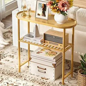 Small Entryway Table Bamboo 30.7", Narrow Hallway Table Oval Top 2-tier, Slim Console Table with Anti-fall Edge, Sofa Side Table 5min Easy Assembly, Small TV Stand for Bedroom, Indoor Plant Stand