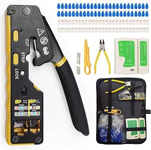 Pass Through RJ45 Crimp Tool Kit with Tester and Carrying Case