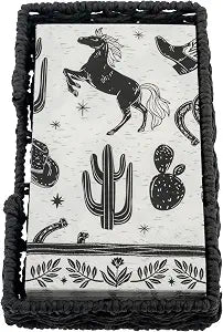 Karma Boho Paper Napkins Set with Woven Holder 20 Black & White Bohemian 3-Ply Disposable Napkins with Decorative Storage Basket for Kitchen, Coffee Table & Entertaining, Western