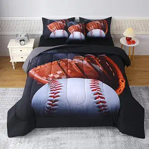 JQinHome Twin Baseball Comforter Sets for Boys, 6 Piece Bed in A Bag 3D Sport Bedding Sets - All Season Soft Microfiber, with Pillowcase, Flat Sheet, Fitted Sheet, Cushion Cover(Baseball Black)