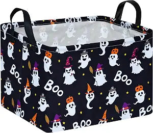 Halloween Ghost Boo Storage Basket with Handles, Collapsible Rectangular Organizer Bin, Gift Candy Basket, Laundry Hamper, Shelf Storage Box for Bedroom Closet Home Decor