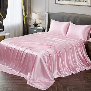 Vonty Satin Sheets Full Size Silky Soft Satin Bed Sheets Pink Sheet Set, 1 Deep Pocket Fitted Sheet + 1 Flat Sheet + 2 Pillowcases