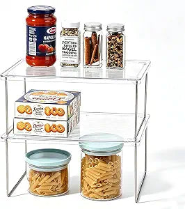 IVYHOME Pantry Organizer, Cabinet Storage Shelf Rack, Stackable Kitchen Cabinet, Foldable Countertop Shelf Organizer, 2 Pack
