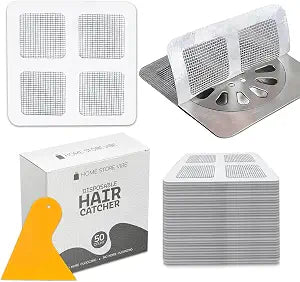 50 Pack Disposable Shower Drain Hair Catcher with Scrapper - Mesh Stickers for Bath, Bathtub, Bathroom, Kitchen Sink, Laundry - Hair Catcher Shower Drain for Human & Pet Hair