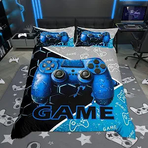 Gaming Boys Duvet Cover Set Full Size,Blue Video Game Consoles Gamepad Reversible Quilt Cover with 2 Pillowcases,Geometric Honeycomb Gamer Room Decor Breathable Bedding Set (NO Comforter), Soft