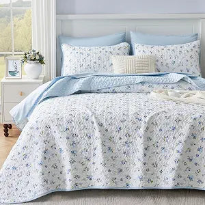 Queen/Full Size Floral Quilt Set Blue Shabby Chic Flower Bedspreads Set