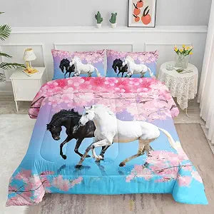 Datura home Horse Comforter Bedding Set for Kids,Wild Animal Galloping 3D Elegant Western Horses,Pink Floral Blossom Cherry Print with 2 Pillowcases and 1 Comforter(Horse Pink Twin)