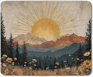 Boho Sunset Mountain Nature Mouse Pad, Rustic Wildflower Pine Forest Scenery Mouse Pads Mousepad for Desk Home Office Dorm Computers Laptop, Office Supplies Desk Accessories, 9.5x7.9 Inch