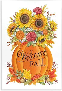 Welcome Fall Pumpkin Florals, 13 x 19 Inch Mounted Print on Wall Plaque