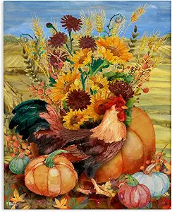 Stupell Industries Autumnal Rooster Sunflower, 24 x 30 Inch Canvas Wall Art