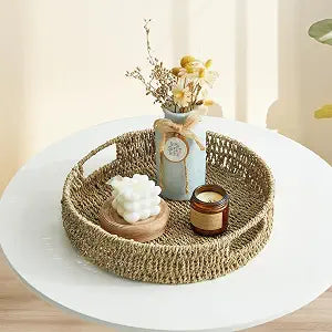 Handwoven Seagrass Serving Tray, Round Decorative Tray with Handles for Coffee Table, Ottoman, Kitchen Counter, Dining Table Centerpiece & Farmhouse Decor